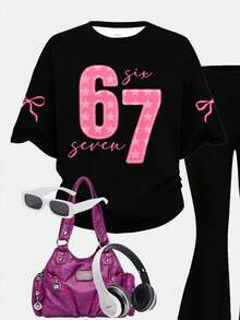 2 peças/Conjunto Camiseta de Manga Curta de Gola Redonda Ajuste Solto e Calça Flare para Adolescentes, com Estampa Engraçada de Número 67 Rosa e Laço, Estilo Streetwear, Adequado para Casual, Campus, Exterior, Casa