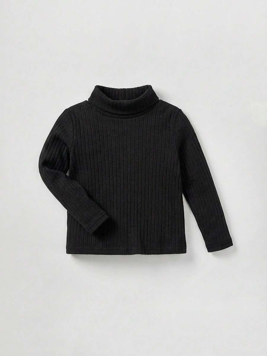 Cozy Pixies Baby Girl Soft Knit Casual Versatile Solid Color Turtleneck Long Sleeve Top - Black - View 1