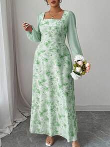 Modelyn Women's Floral Print Patchwork Square Neck Long Sleeve Elegant Date Dress Pastel Green Dress Mint Green Dress Women - Green - View 5