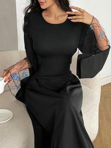 Al Najma Women's Autumn Black Long Sleeve Butterfly Lace Waist A-Line Elegant Arabic Dress - Black - View 3