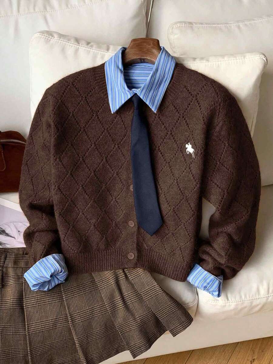 Comfortcana Nuovo cardigan casual da donna in stile minimalista per autunno/inverno con dettagli ricamati, maglione da donna in stile campagnolo color caffè per abbigliamento all'aperto, abbigliamento autunnale - Caffè Marrone - Visualizzare 1