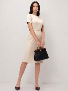 BizChic 2026春夏可调节腰围米色短袖中长连衣裙，优雅都市通勤日常百搭90年代复古风，适合圣诞节、新年、情人节、派对、海滩、毕业典礼、时尚、浪漫场合，也适合婚礼宾客、主人、约会、音乐会、早午餐、机场等多种场合。 - 米色 - 查看 6