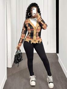 BamGleam Áo khoác cardigan nữ, tay dài, cổ chữ V, cài nút, họa tiết kẻ caro, trang trí tua rua, phong cách đường phố giản dị nhưng thanh lịch, mùa đông dành cho nữ, mùa đông, áo khoác mùa đông nữ. - Cà phê nâu - Xem 4