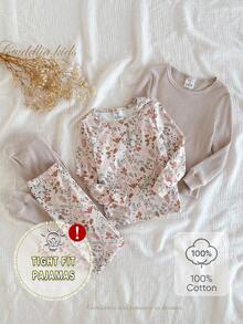 4件套女童柔软舒适贴身睡衣套装，花卉叶子数码印花，休闲圆领长袖上衣和裤子，秋冬季女童家居服套装，花卉睡衣套装，两件套睡衣，女童舒适睡衣套装，两件套嘉年华秋季长袖套装，女童“贴身睡衣”、“紧身”、“贴身” - 杏色 - 查看 1