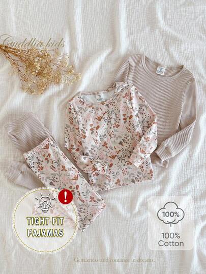 4pcs Young Girl Soft Comfortable Snug Fit Sleepwear Set, Floral & Leaf Digital Print, Casual Crew Neck Long Sleeve Top And Pants, Autumn/Winter Girls Lounge Set Floral Pajama Set 2 Pieces Pj Set Girls Comfy Set Pajamas Set Two Pieces Carnival Fall Long Sleeve Sets Girls "Snug Fit Pajama","Tight Fit","Snug Fit