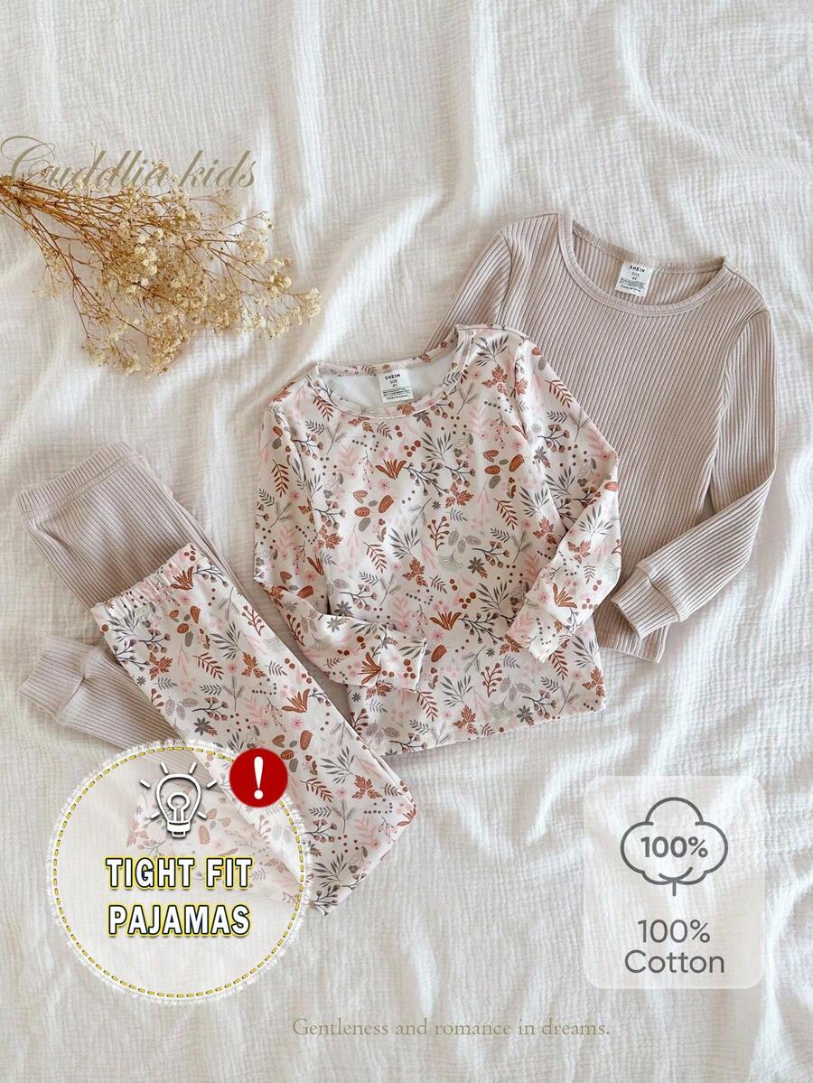 4件套女童柔软舒适贴身睡衣套装，花卉叶子数码印花，休闲圆领长袖上衣和裤子，秋冬季女童家居服套装，花卉睡衣套装，两件套睡衣，女童舒适睡衣套装，两件套嘉年华秋季长袖套装，女童“贴身睡衣”、“紧身”、“贴身” - 杏色 - 查看 1