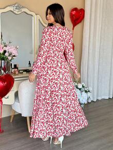 Vionelle Große Größen Damen Französischer Stil elegantes V-Ausschnitt Langarm Taille Raffung Blumen Valentinstag Kleid Kirschprint Kleid Maxi Blumenkleid V-Ausschnitt Maxi Kleid Langarm Blumenkleid Blumenkleid Damen Damen Blumenkleid Sommer Langes Kleid Blumen Wickelkleid - Verschiedenfarbig - Übersicht 2