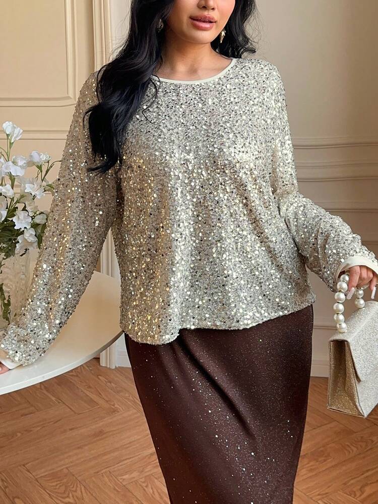 Dazy Plus Valentine Fashionable Sequin Embellished Fitted Long Sleeve Crew Neck T-Shirt, Versatile Party Wear For Plus Size Women, Spring/Autumn New Years Women Top Carnival