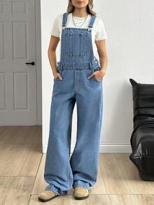 SHEIN Pocket Front Button Side Denim Overalls - Medium Wash - View 3