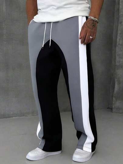 Manfinity Roughcore Men's Casual Contrast Color Straight Leg Pants Men's Two Pieces Outfit Sweatpants Manfinity Hypemode Pants Men Black And White Pants Men's Wide Leg Side Stripe Gym Pants Men Street Wear Pants