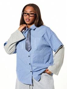 SUMWON WOMEN Blusa de botones con cuello, de manga corta, de doble capa y sobredimensionada, con estampado de cuadros, para uso casual en primavera y verano - Azul - Ver 4