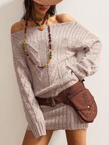 Bohemela Women's Asymmetric Neck Long Sleeve Twist Cable Pattern Casual Knit Dress In Fall/Winter