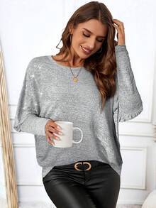 EMERY ROSE Women's Casual Solid Color Rhinestone Batwing Sleeve Basic T-Shirt, Autumn/Winter Grey Tops For Women - Grey - View 3