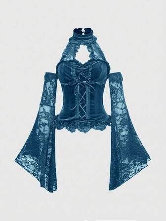 Goth بلوزة نسائية من الأحجار الكريمة بأكمام واسعة وخصر مربوط من الدانتيل والقطيفة بطراز عتيق