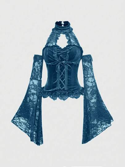 Goth Gotischer Vintage Spitzen Patchwork Bindegürtel Weite Ärmel Samt Damen Bluse