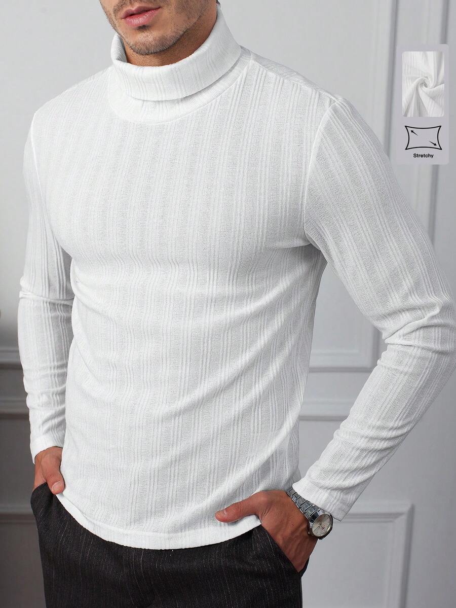 Core Aspect Men's White Rib-Knit High Neck Long Sleeve Regular Fit Casual T-Shirt - White - View 1