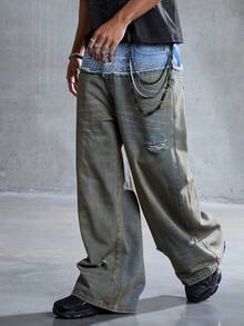 ROMWE MEN Street Life Quần Jeans Nam Cổ Điển, Vải Cotton, Vải Chắp Vá, Rách, Đã Giặt - Màu xanh lam - Xem 3