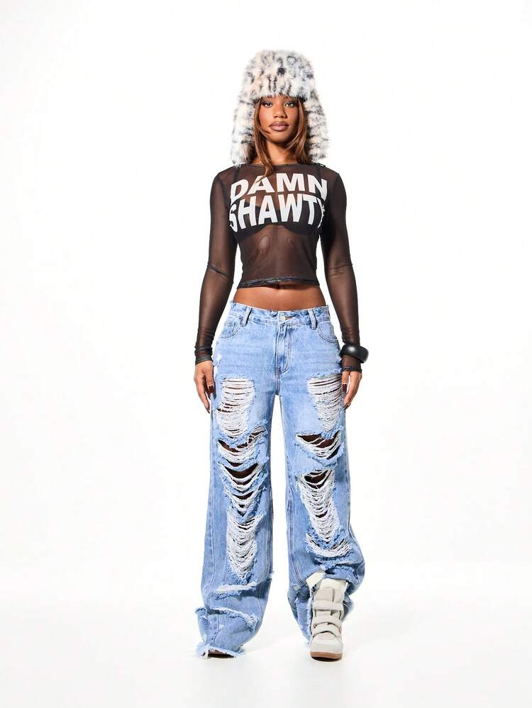 Mesh Long Sleeve Top With Text Print