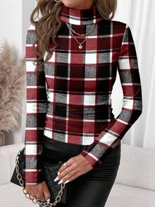 SHEIN Clasi Lässiges minimalistisches Rot, Schwarz & Weiß Karomuster Allover-Muster Damen Rollkragen Langarm T-Shirt, geeignet für Herbst/Winter, Retro-Stil, vielseitig - Verschiedenfarbig - Übersicht 4