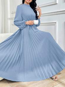 Modelyn Mock Neck Long Lantern Sleeve Pleated Hem Belted Modest Dress Long Evening Dresses