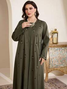 Al Najma 大码女式花卉刺绣长袖宽松阿拉伯长袍套装 - 軍綠色 - 查看 5