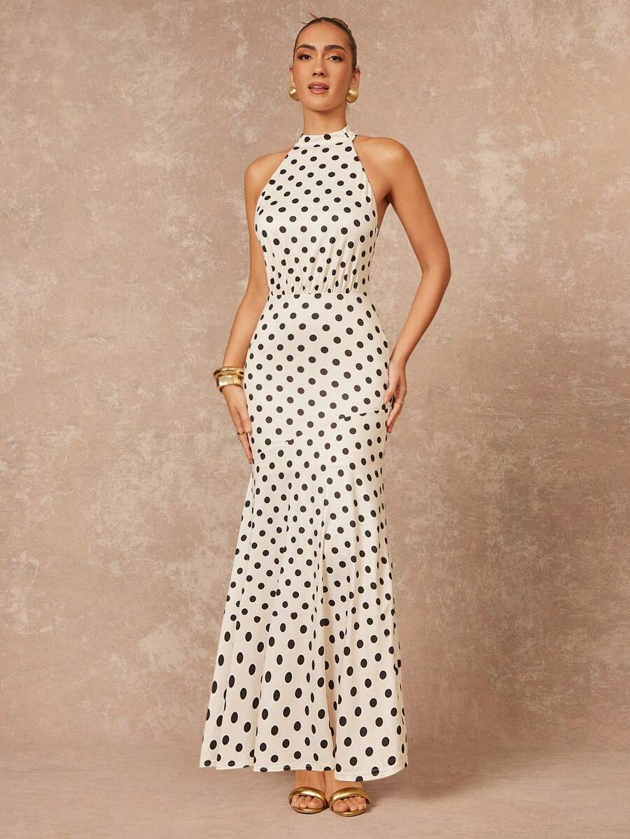 Lumalex Spring And Summer Sexy Backless Women's Polka Dot Halter Neck Backless Elegant Waist-Cinching For Banquets And Parties Maxi Dress Body-Contouring Fit & Elegant Feminine Silhouette Top, Spring/Summer, Elegant Romantic Outfits, Gala Night, Looks Of Party, Fall New Style Women, Luxury Top For Party, Fashionable This Autumn Winter, Elegant Casual Outfit, Chic Autumn, Weekend Outfit, Glamour Dress, Spring Fall Work Style, Delicate Romance, Enchanted Romance Gown, Party Outfits, , Business Casual, Suitable For Parties, Dates, Going Out, Night Out, Weddings, Holiday, Vacation, Birthday, Dresses For Women, Valentine's Day Outfits, Beach Vacation Outfits