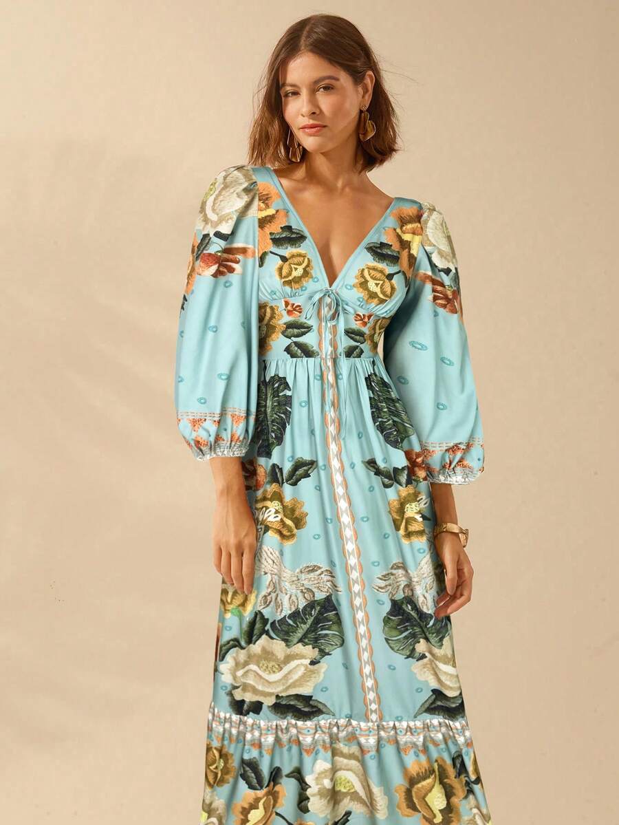 CAJUNI Women's Boho Tropical Floral V-Neck Long Sleeve Backless Waist A-Line Vacation Dress, Boho Dress Women - Multicolor - View 1