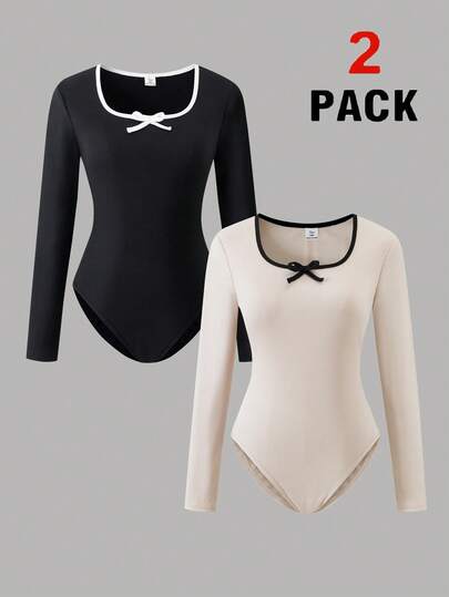 SHEIN 2pcs/Set Teen GirlColor Block Scoop Neck Fitted Long Sleeve Jumpsuit, Autumn