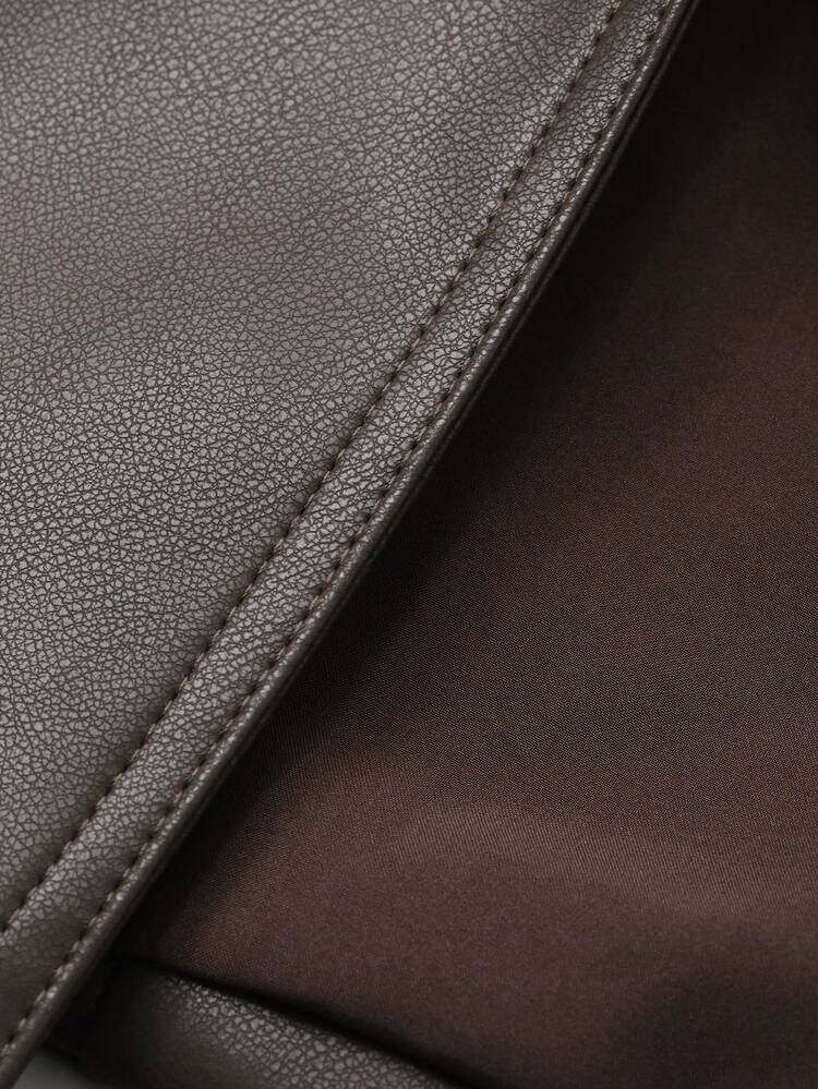 Women's Casual Solid Color PU Leather V-Neck Belt Pocket Jacket, Autumn/Winter