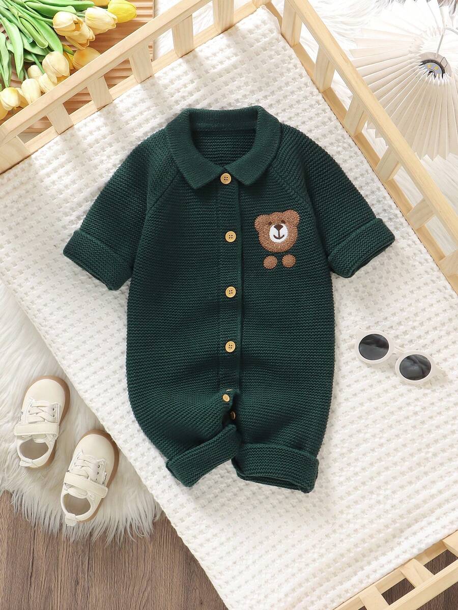 SHEIN Baby Boy Romper, Peter Pan Collar, Embroidered Bear Design, Cute & Adorable - Dark Green - View 1