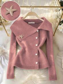 SHEIN LUNE Elegant Metallic Starfish Button Decor Collared Waist Cinched Cardigan, Blogger Style, Slim Fit - Dusty Pink - View 7