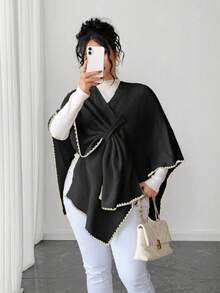 Elenzga 女士优雅时尚宽松加大码毛衣斗篷，适合秋冬季外套穿着 - 黑色 - 查看 4