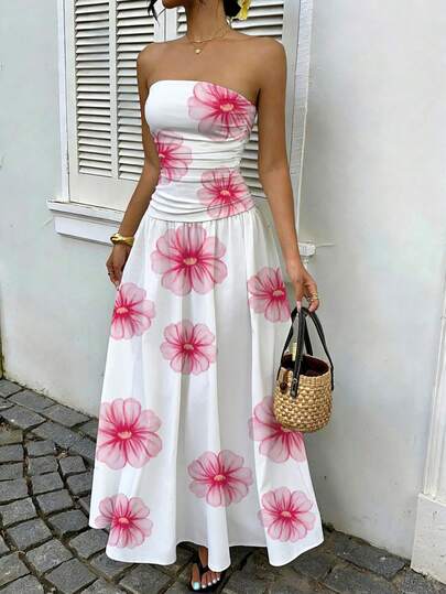 MainGRL Women's Floral Print Ruffle Hem Strapless Dress, Suitable For Vacation, Resort Wear, Wedding Guest Attire, Birthday Party, Outdoor Occasions Spring