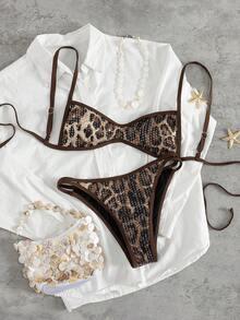 Swim SXY Women's Sexy Halter Leopard Print Sequin Swimsuit Two Pieces Set, Elegant Vacation Beach Outfit, Spring/Summer - Multicolor - View 1