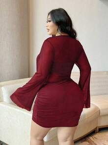 NU&NOW Plus Size Women's Bodycon Dress, Sexy Sheer Mesh Bell Sleeve Metal Buckle Party Dress, Suitable For Autumn/Winter/Summer - Burgundy - View 2