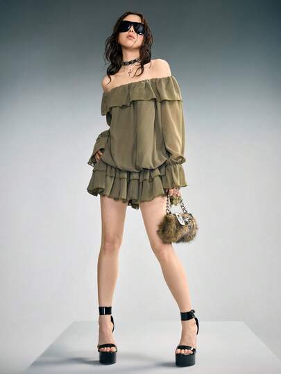 Grunge Punk Abito mini in chiffon trasparente a linea A con spalle scoperte