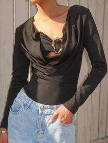 Sydney Algeri 女式优雅黑色保暖内衬深 V 领二合一金属扣装饰长袖紧身衣，秋冬