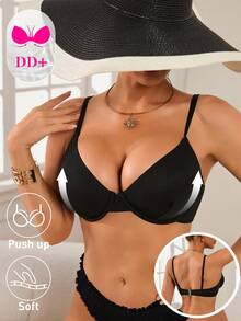 Swim DD+ Áo bikini dây mảnh màu trơn DD+ dành cho nữ, Xuân/Hè - màu đen - Xem 3