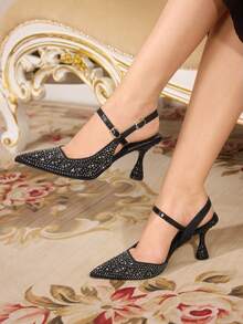 CUCCOO TILAWA Giày cao gót hở lưng mũi nhọn đính đá trang trí cho nữ - màu đen - Xem 3