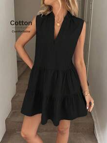 Easowa Sleeveless Stand Collar Pleated Hem A-Line Dress With Pockets, Casual Holiday Elegant Streetwear Mini Dress For Women,Dresses For Women Summer - Black - View 5