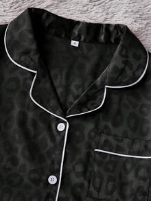 LuxeNights 3pcs Women Elegant Leopard Jacquard Collar Short Sleeve Shorts & Long Pants Faux Silk Pajama Set - Black - View 3