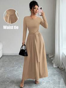 SHEIN Elenzya 女士休闲纯色松紧腰系带长袖A字连衣裙，秋季 - 卡其色 - 查看 3