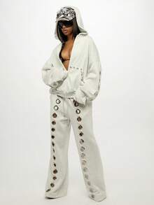 SUMWON 大码高腰宽松版型金属孔眼装饰运动裤休闲舒适家居裤冬季时尚街头服饰 - 白色 - 查看 3