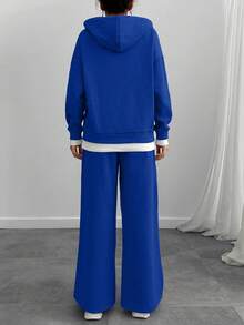 女士灰色混纺宽松卫衣和运动裤两件套 - 藍色 - 查看 2