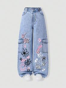 SHEIN ChillGRL 少女复古街头风休闲校园日常牛仔裤，皇冠、花朵和涂鸦印花，多口袋设计，甜美时尚，浅蓝色水洗弹力腰牛仔裤，适合日常出行和度假。 - 淺色水洗藍 - 查看 3