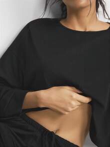 Ocili 两件套舒适柔软竹纤维针织圆领长袖上衣和裤子女士睡衣套装，适合夏季、秋季和冬季穿着 - 黑色 - 查看 7