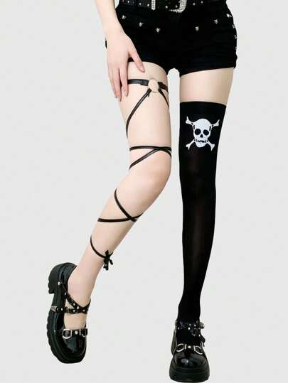 Grunge Punk Gothic Style Black & White Striped Skull Print Thigh High Socks, Y2K Punk Street-Wear Fashion, Suitable For Parties, Gatherings, Social Events, Halloween