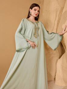 SHEIN Najma Vestido largo de mujer de manga larga con decoración de encaje elegante y romántico - verde menta - Ver 6