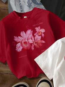 SHEIN EZwear 4件套休闲简约鲨鱼、蝴蝶结、花卉、樱桃印花圆领宽松短袖T恤，女款，适合夏季穿着 - 彩色 - 查看 7