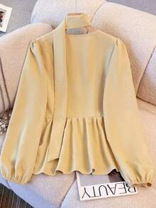 Franclia Women's V-Neck Tie Waist Fitted Comfortable Versatile Long Sleeve Blouse - Light Yellow - View 2